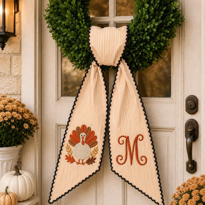 Custom Thanksgiving Door Sash Wreath Sash, Personalized Pumpkin Initial Wreath Bow