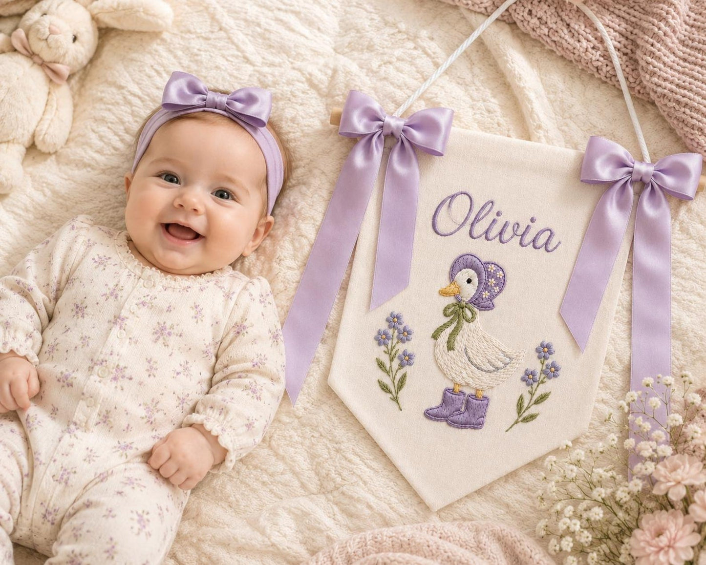 Embroidered Baby Name Banner, Custom Nursery Door Sign, Baby Announcement Banner Hospital Door Sign