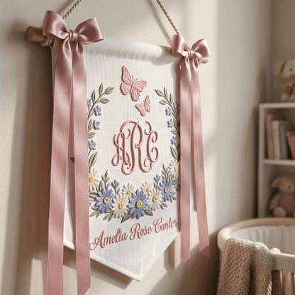 Floral Embroidered Baby Name Banner, Personalized Monogram Nursery Pennant
