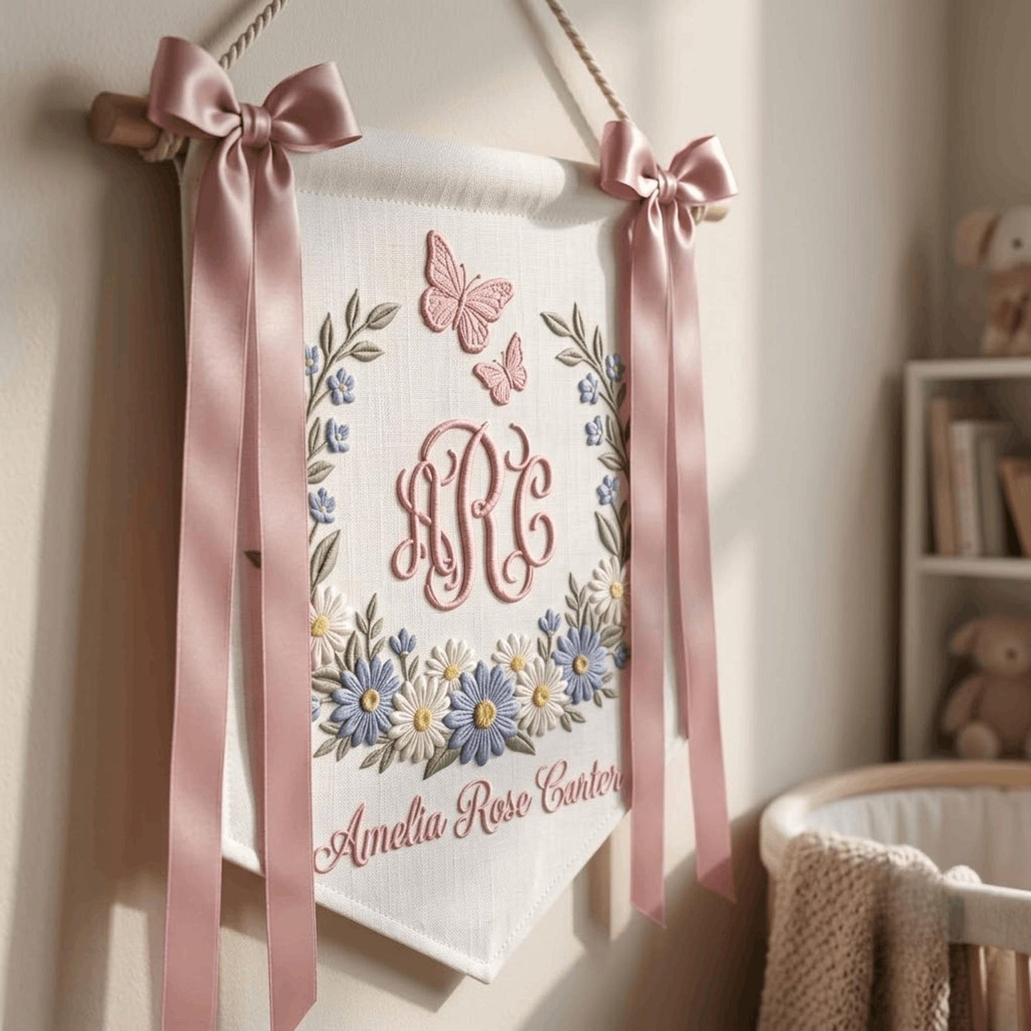 Floral Embroidered Baby Name Banner, Personalized Monogram Nursery Pennant