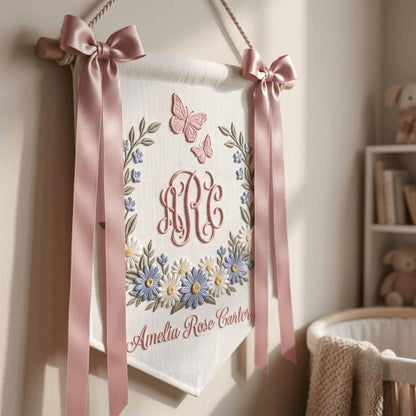 Floral Embroidered Baby Name Banner, Personalized Monogram Nursery Pennant