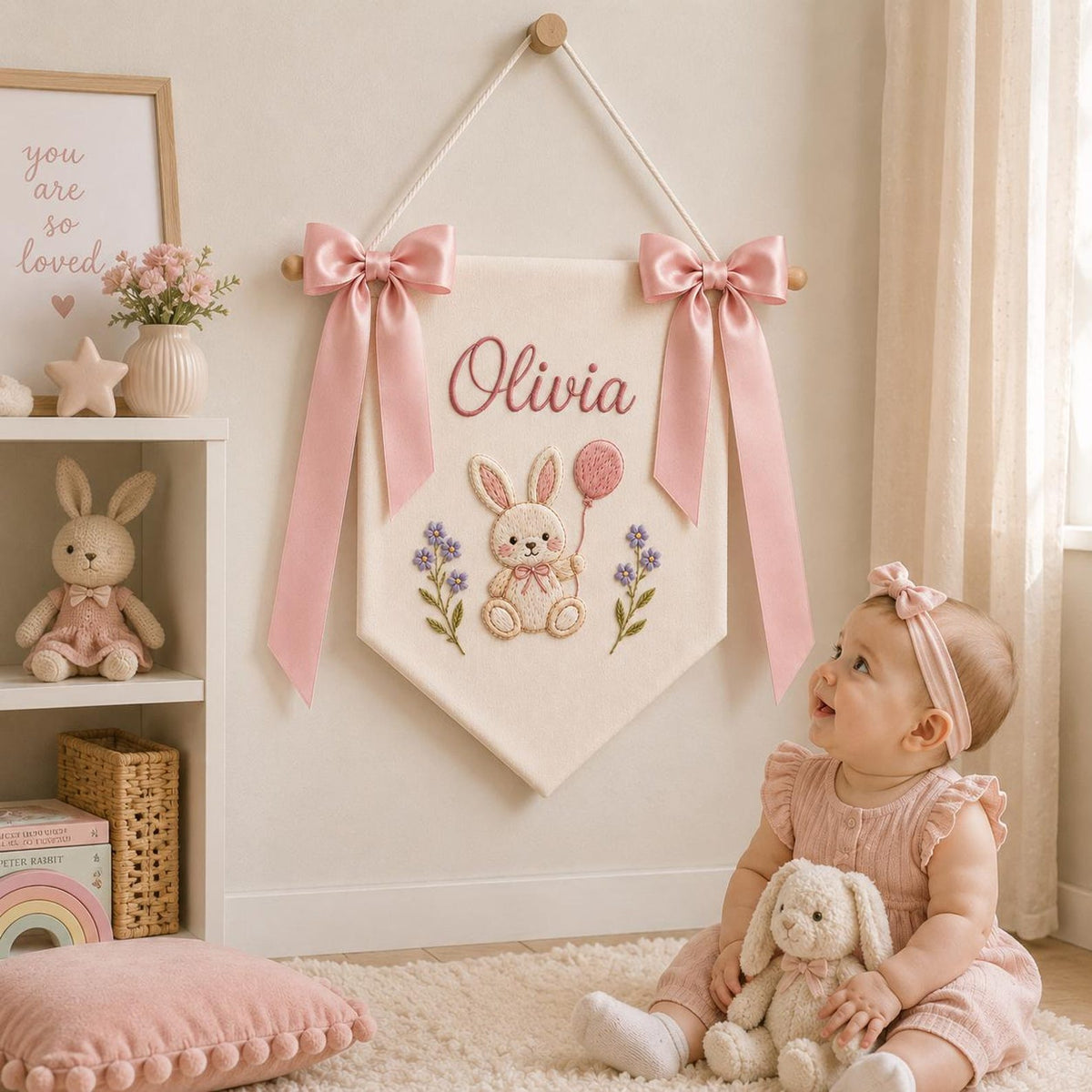 Personalized Bunny Baby Name Banner, Custom Nursery Door Sign, Bunny Baby Banner