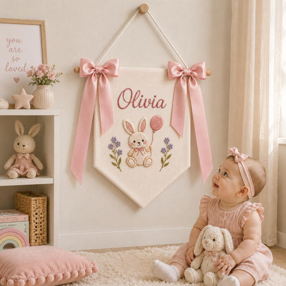Personalized Bunny Baby Name Banner, Custom Nursery Door Sign, Bunny Baby Banner