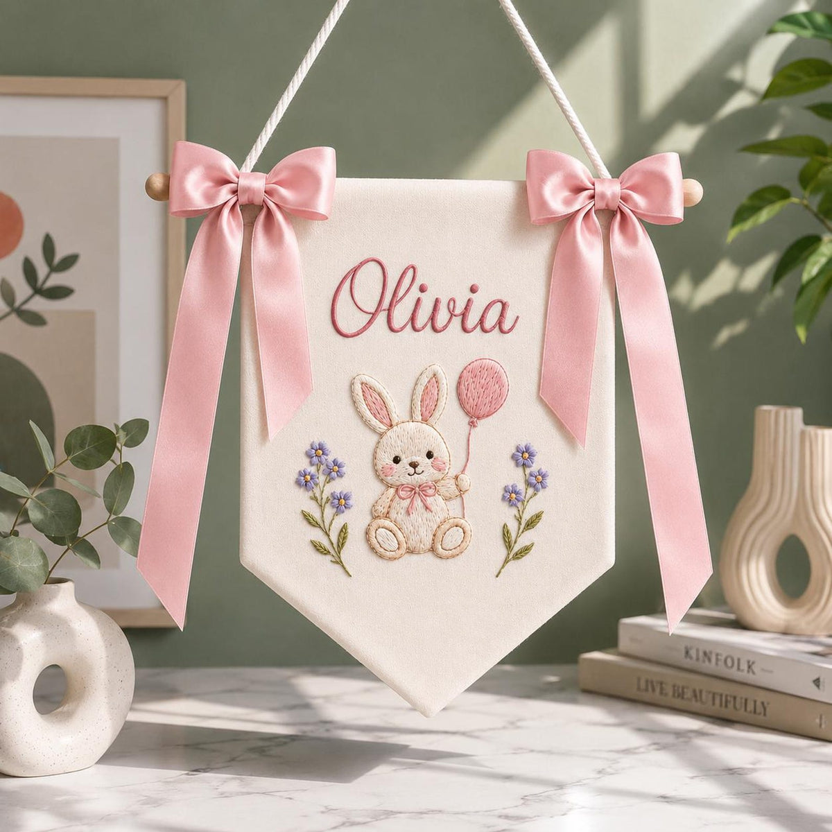 Personalized Bunny Baby Name Banner, Custom Nursery Door Sign, Bunny Baby Banner