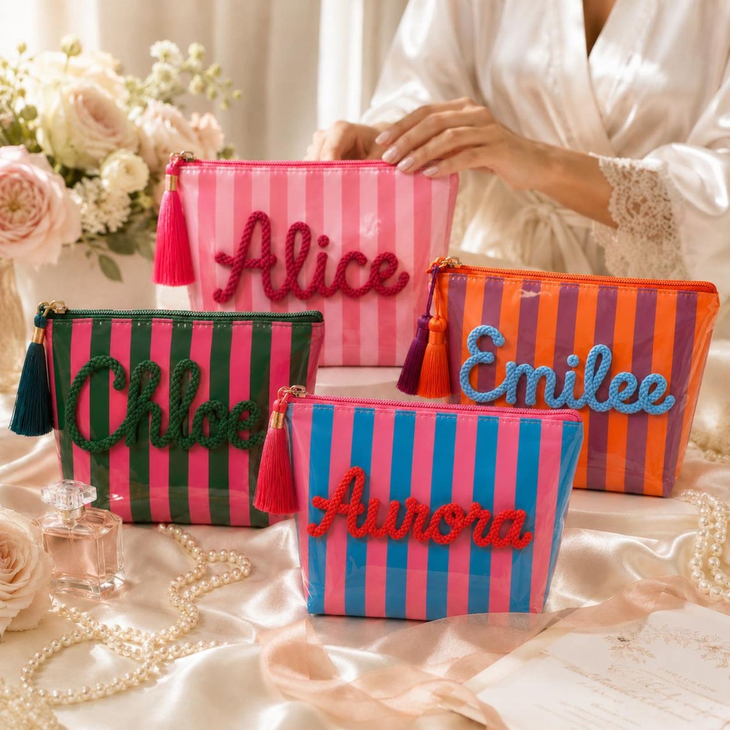 Personalized Travel Makeup Bag, Waterproof Striped Cosmetic Pouch