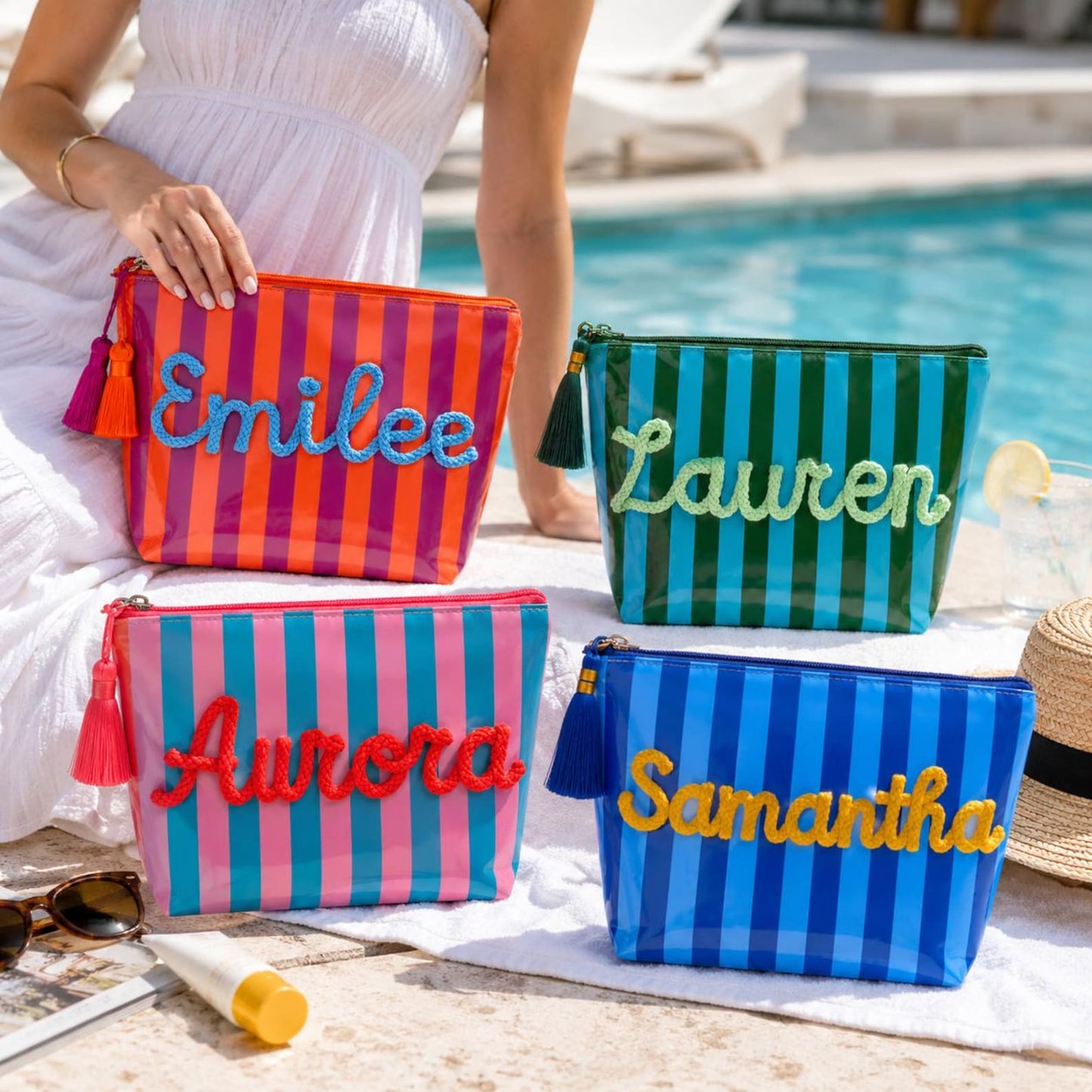 Personalized Travel Makeup Bag, Waterproof Striped Cosmetic Pouch