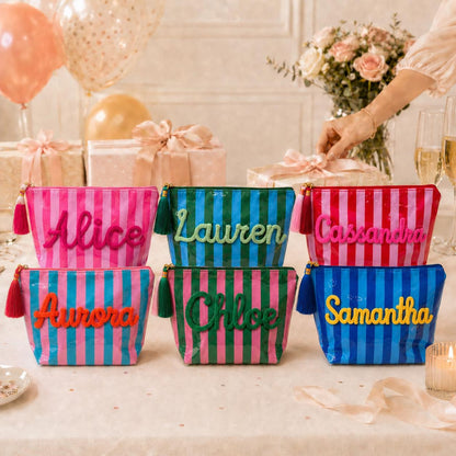 Personalized Travel Makeup Bag, Waterproof Striped Cosmetic Pouch