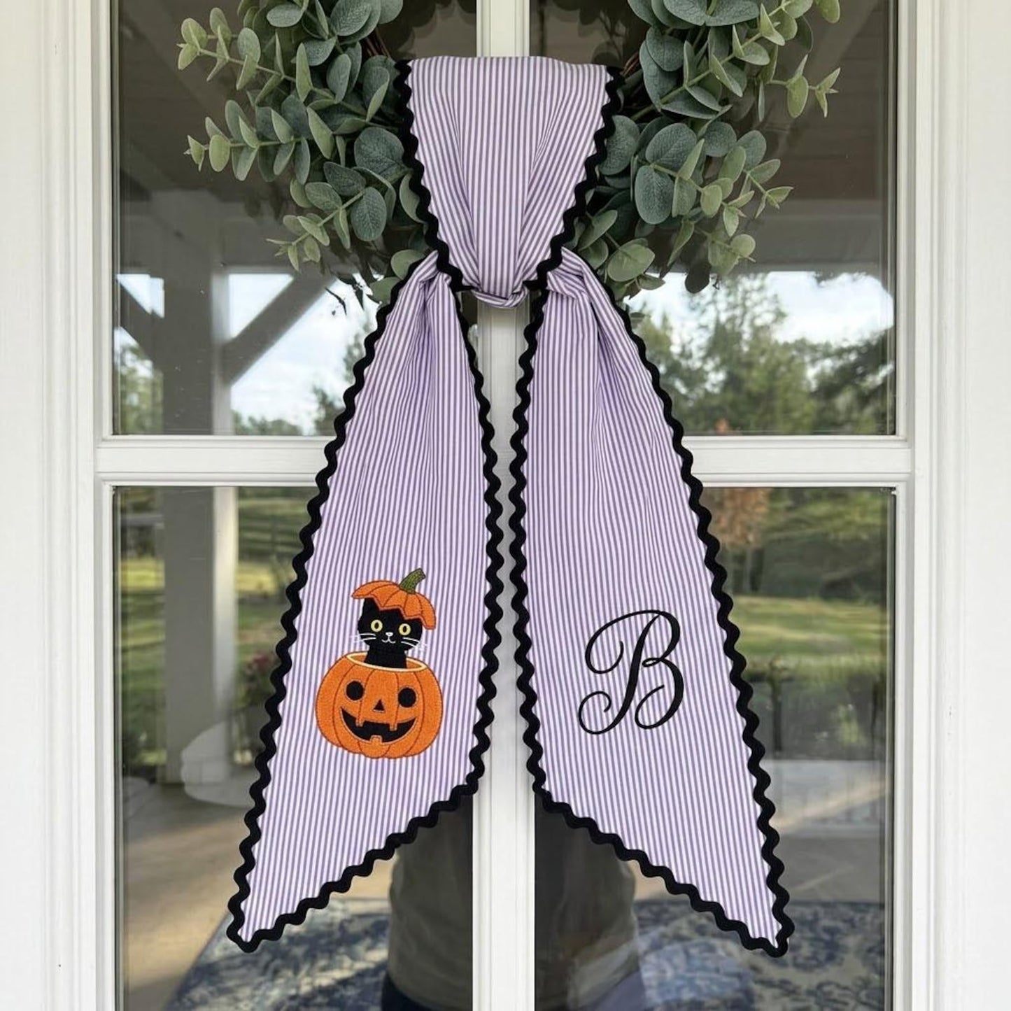 Personalized Halloween Door Hanger Bow, Black Cat Pumpkin Ric Rac Wreath Sash