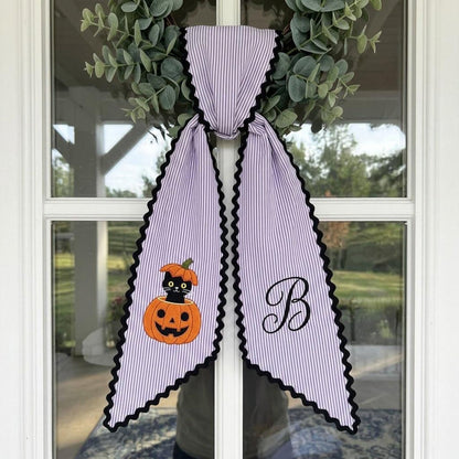 Personalized Halloween Door Hanger Bow, Black Cat Pumpkin Ric Rac Wreath Sash