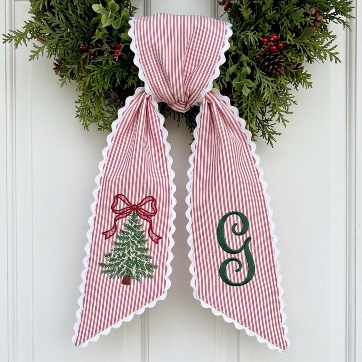 Personalized Christmas Tree Wreath Sash, Stripe Front Door Ric Rac Bow, Holiday Decor