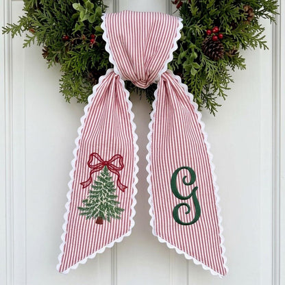 Personalized Christmas Tree Wreath Sash, Stripe Front Door Ric Rac Bow, Holiday Decor
