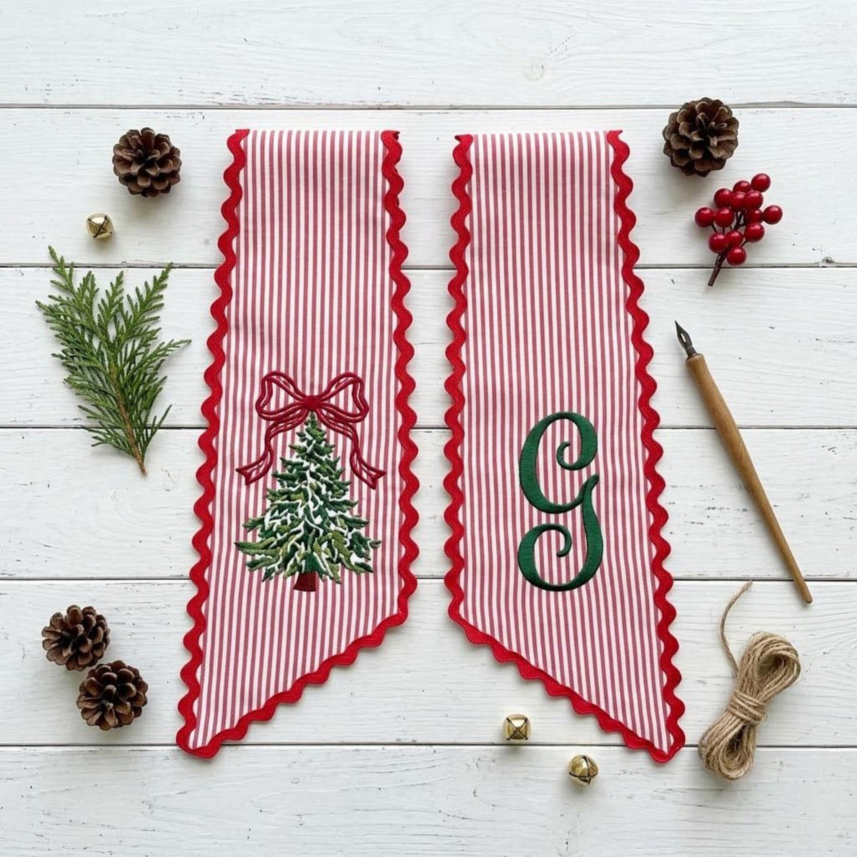 Personalized Christmas Tree Wreath Sash, Stripe Front Door Ric Rac Bow, Holiday Decor