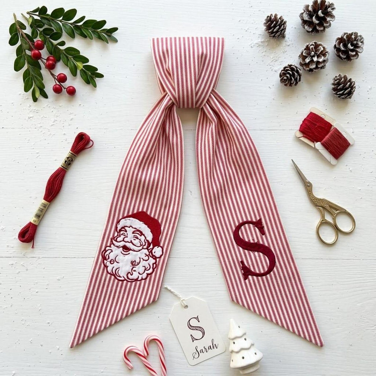 Personalized Christmas Wreath Sash, Stripe Front Door Ric Rac Bow, Santa Decor