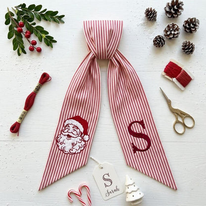 Personalized Christmas Wreath Sash, Stripe Front Door Ric Rac Bow, Santa Decor