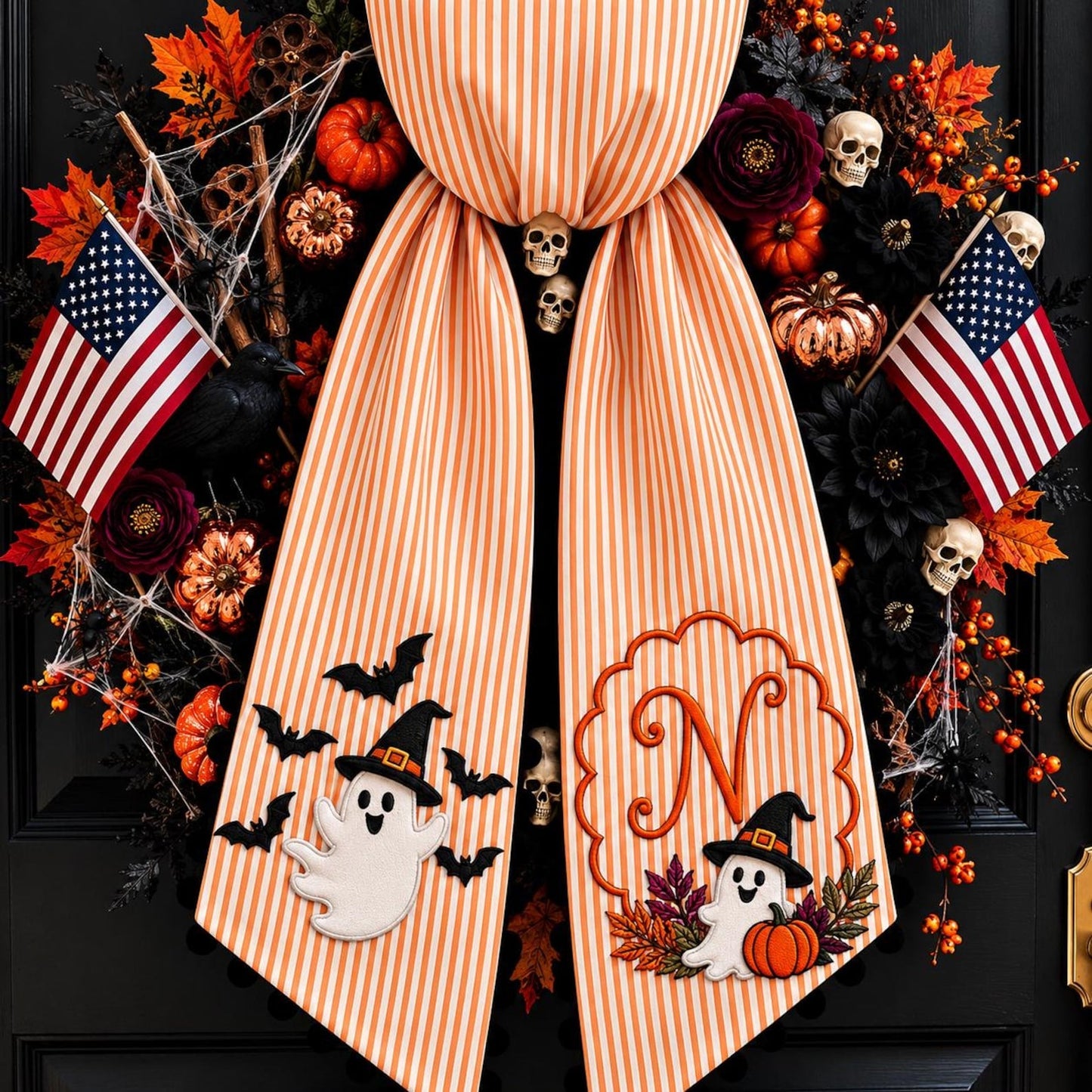 Custom Pumpkin Ghost Wreath Sash, Monogram Striped Ribbon