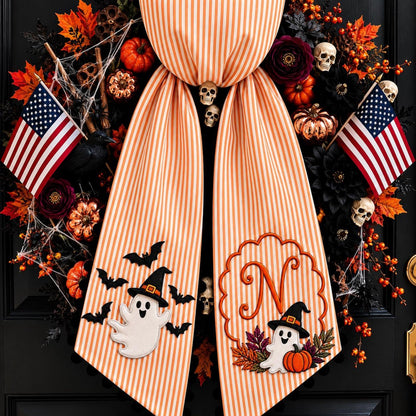 Custom Pumpkin Ghost Wreath Sash, Monogram Striped Ribbon