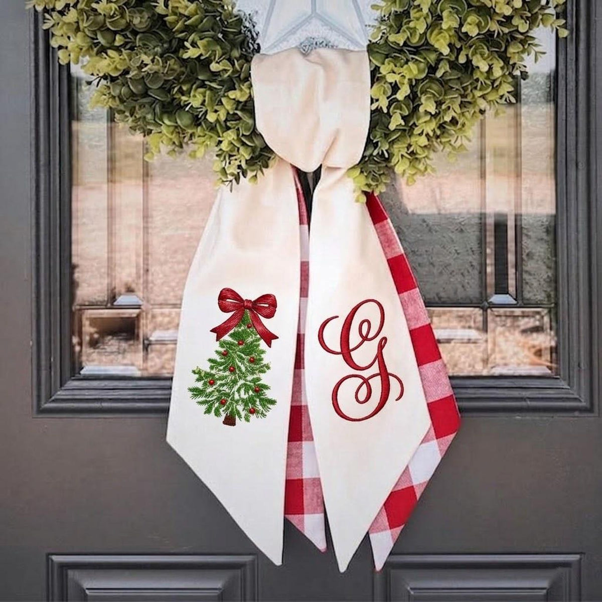 Christmas Tree Wreath Sash With Monogram, Double Wreath Sash