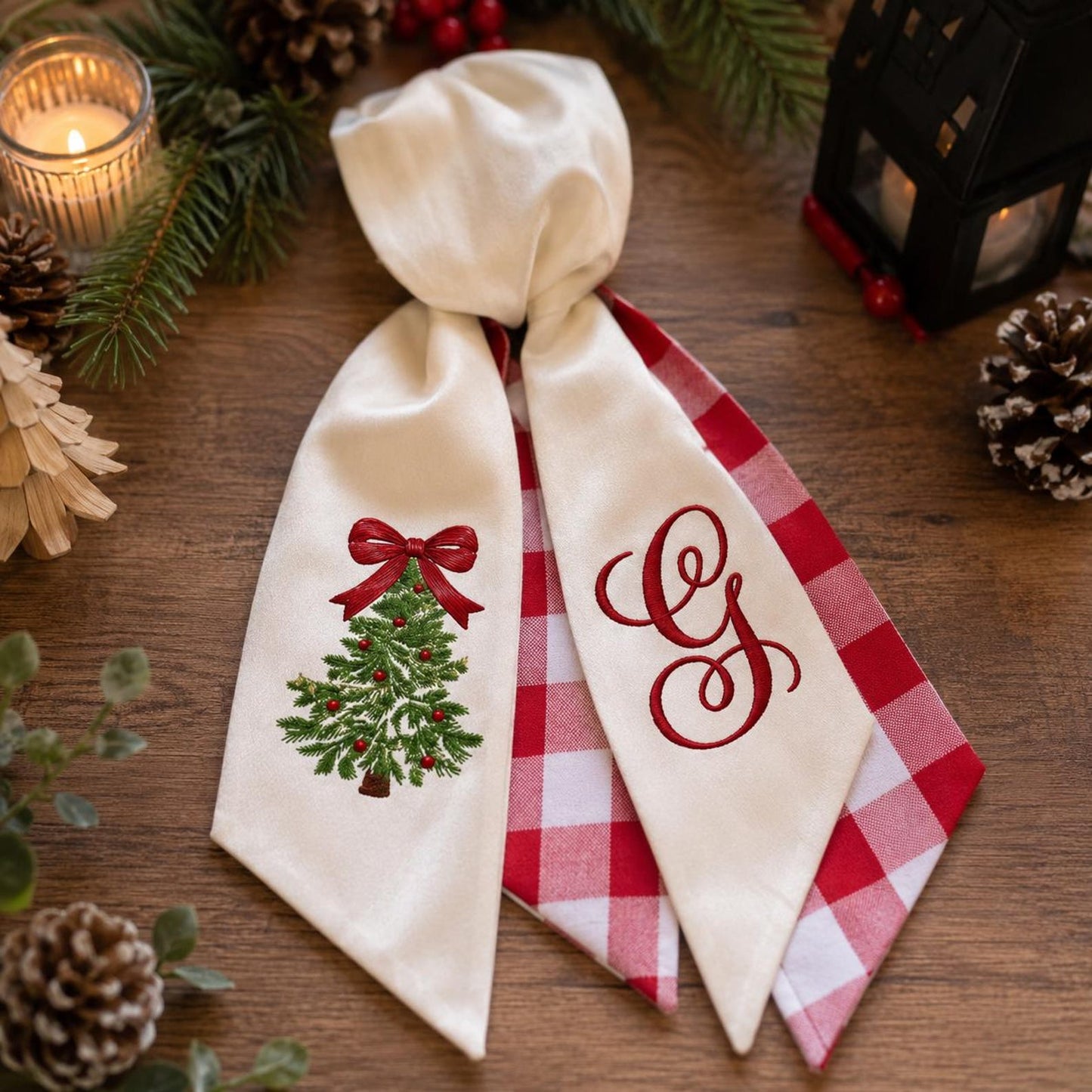 Christmas Tree Wreath Sash With Monogram, Double Wreath Sash