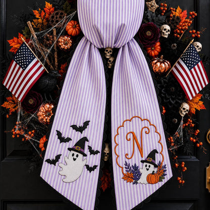 Custom Pumpkin Ghost Wreath Sash, Monogram Striped Ribbon