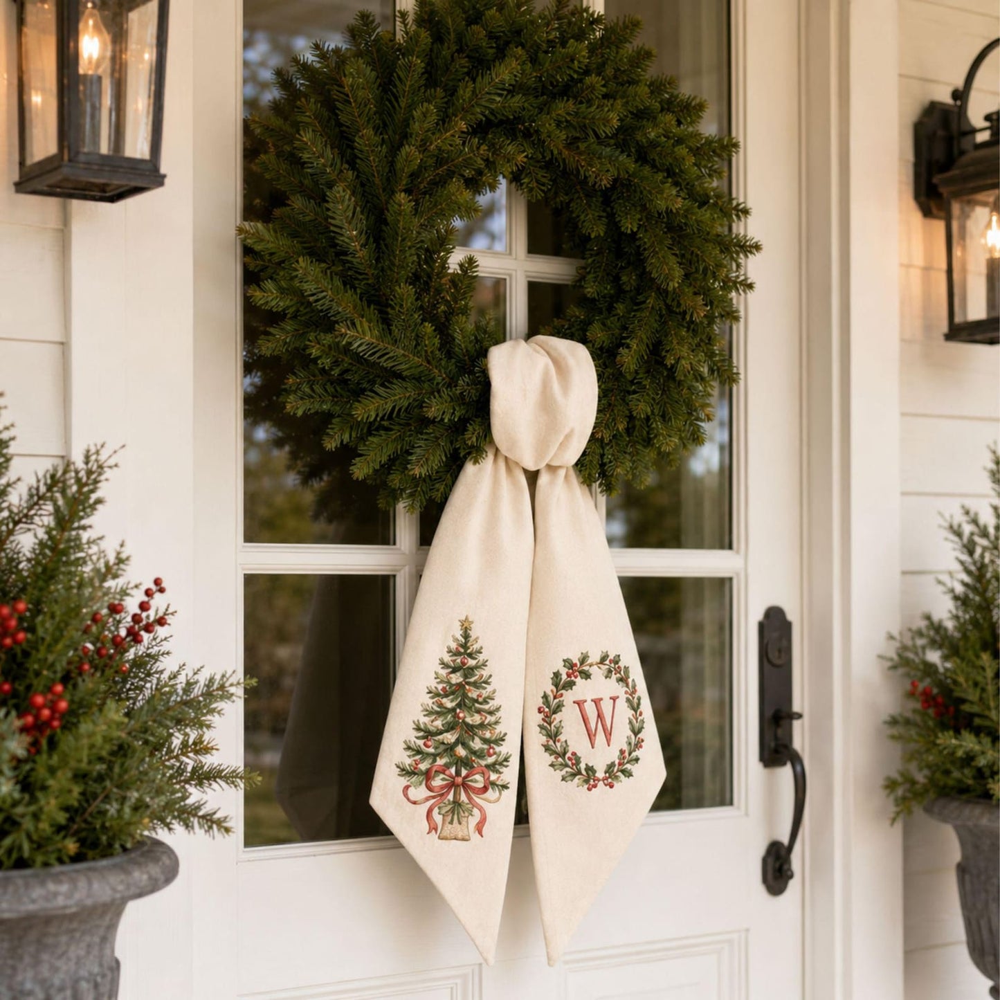 Christmas Bow Tree Wreath Sash, Personalized Initial Front Door Decor, Holiday Tree Wreath Bow