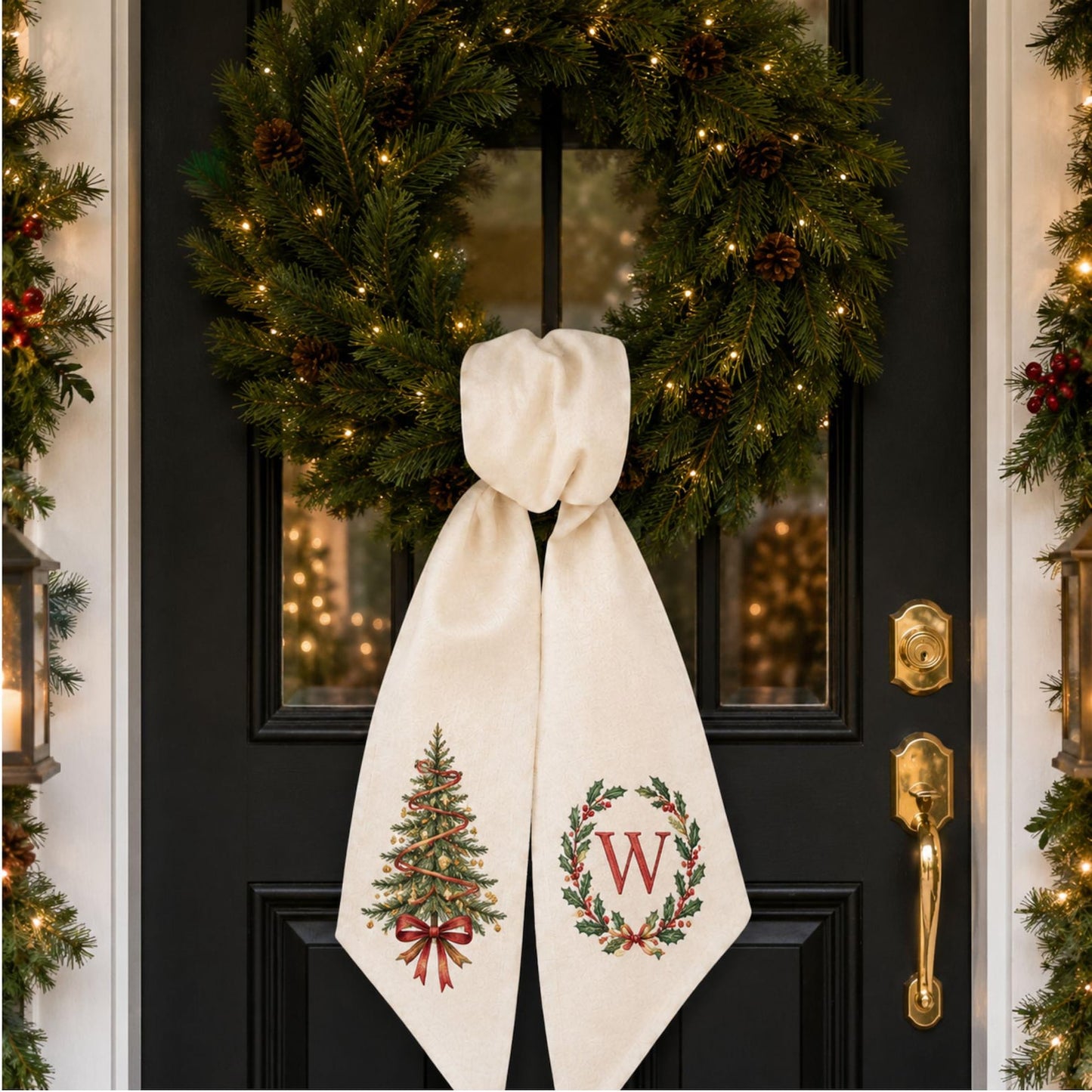 Christmas Bow Tree Wreath Sash, Personalized Initial Front Door Decor, Holiday Tree Wreath Bow