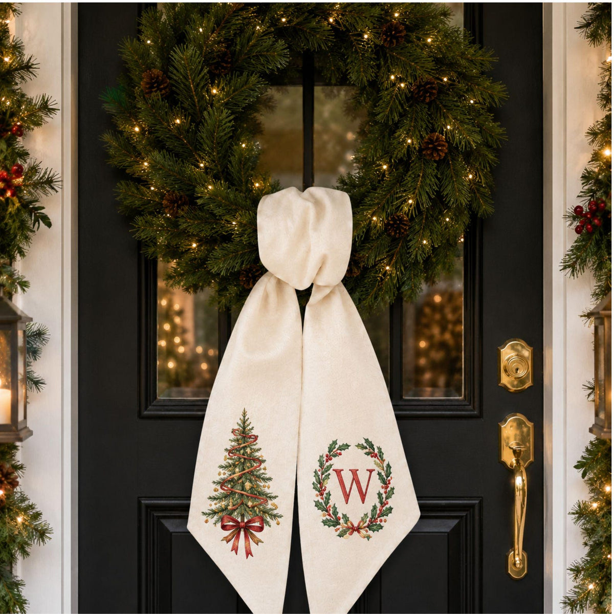 Christmas Bow Tree Wreath Sash, Personalized Initial Front Door Decor, Holiday Tree Wreath Bow