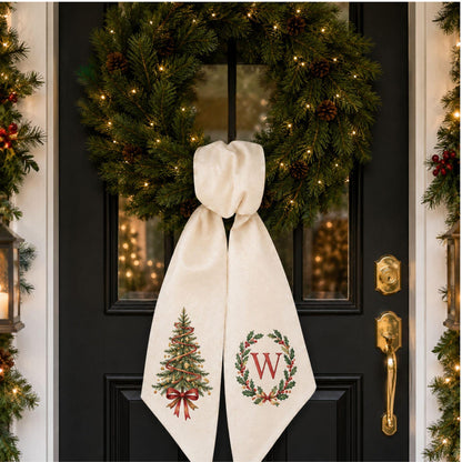 Christmas Bow Tree Wreath Sash, Personalized Initial Front Door Decor, Holiday Tree Wreath Bow