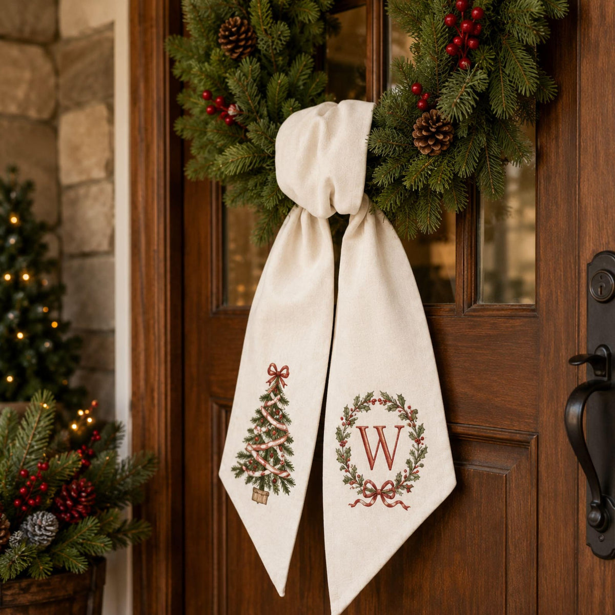 Christmas Bow Tree Wreath Sash, Personalized Initial Front Door Decor, Holiday Tree Wreath Bow