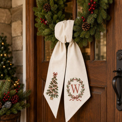 Christmas Bow Tree Wreath Sash, Personalized Initial Front Door Decor, Holiday Tree Wreath Bow