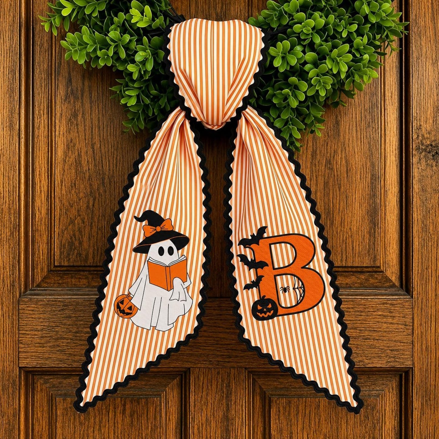 Personalized Halloween Wreath Sash, Ghost Pumpkin Door Bow