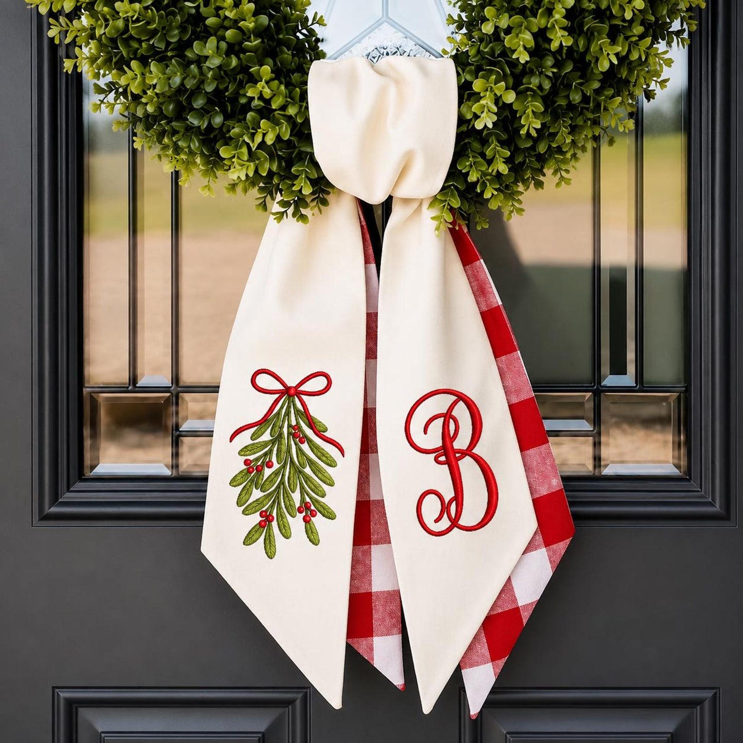 Monogram Wreath Sash, Mistletoe Christmas Ribbon Set, Red Gingham Tree Topper