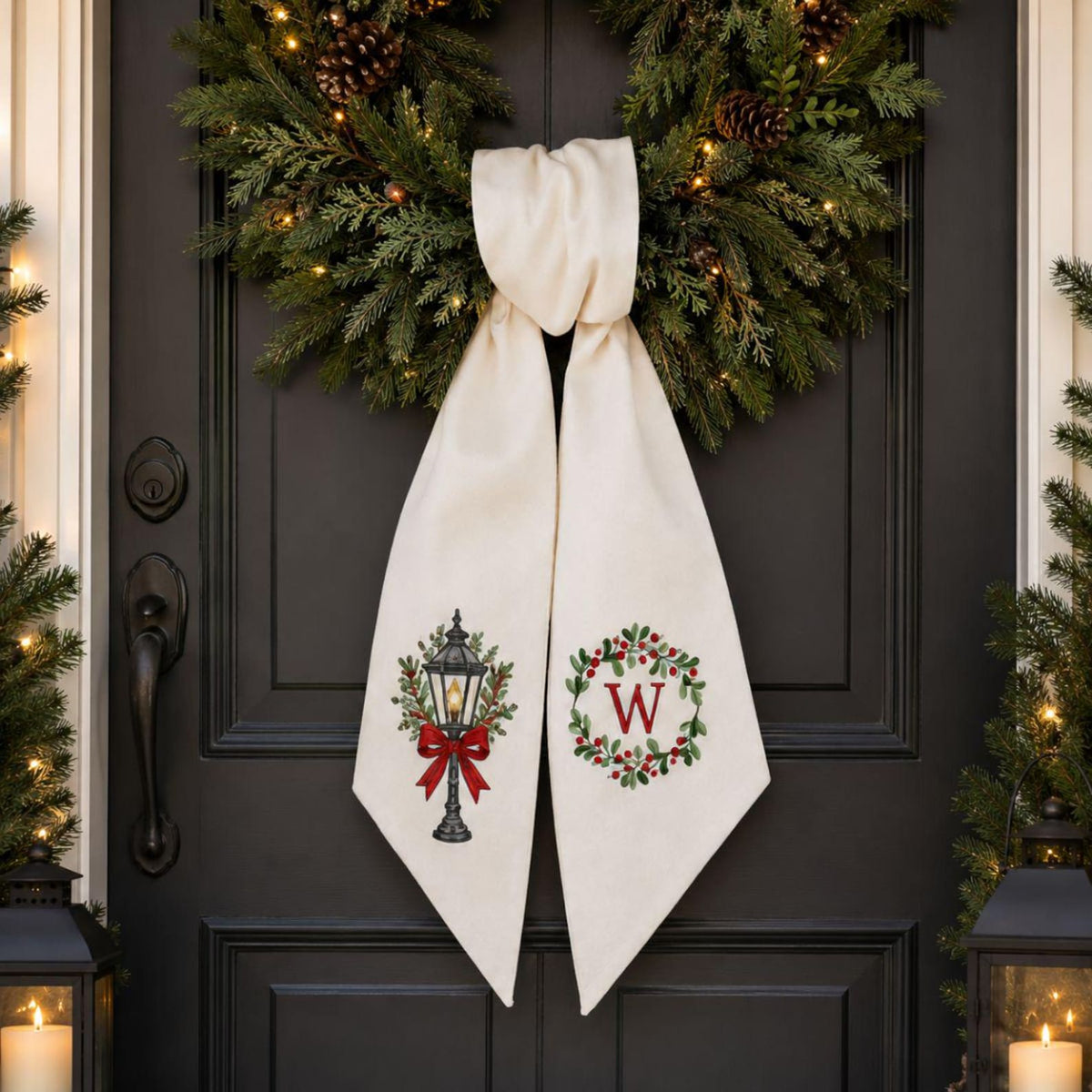Personalized Christmas Wreath with Monogram Bow, Boxwood Front Door Wreath