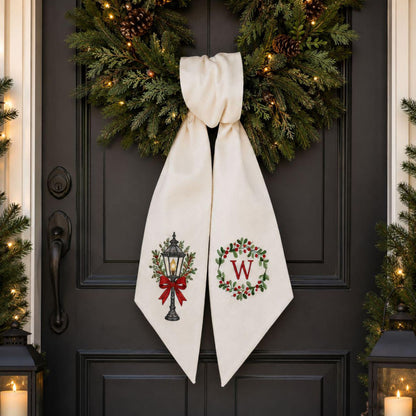 Personalized Christmas Wreath with Monogram Bow, Boxwood Front Door Wreath