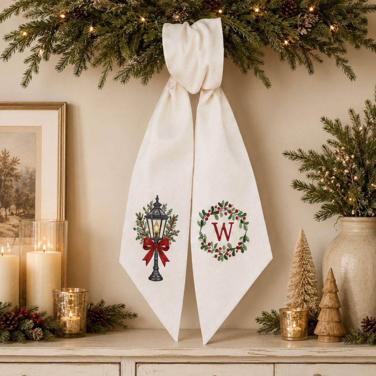 Personalized Christmas Wreath with Monogram Bow, Boxwood Front Door Wreath
