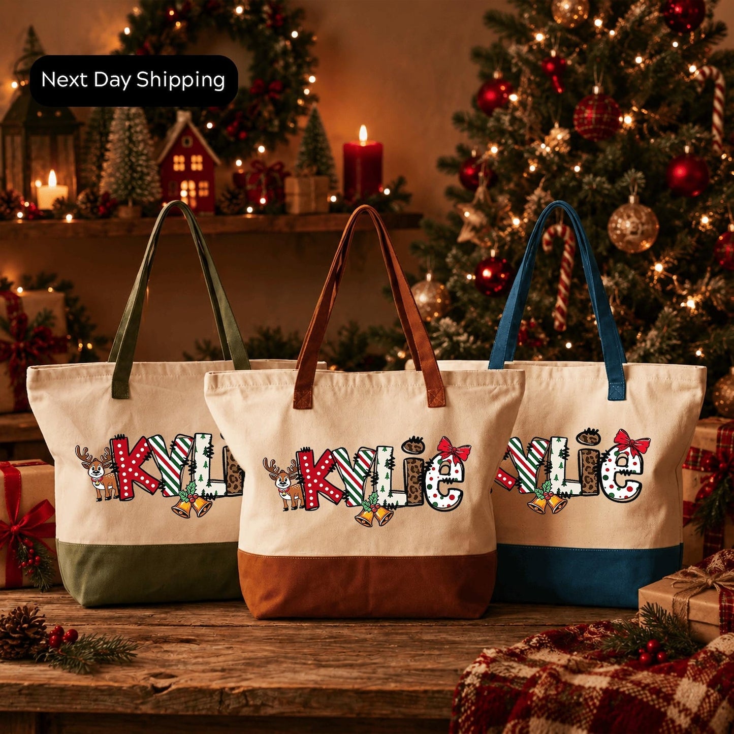 Personalized Christmas Name Tote Bag, Custom Holiday Tote with Name, Festive Christmas Gift Bag