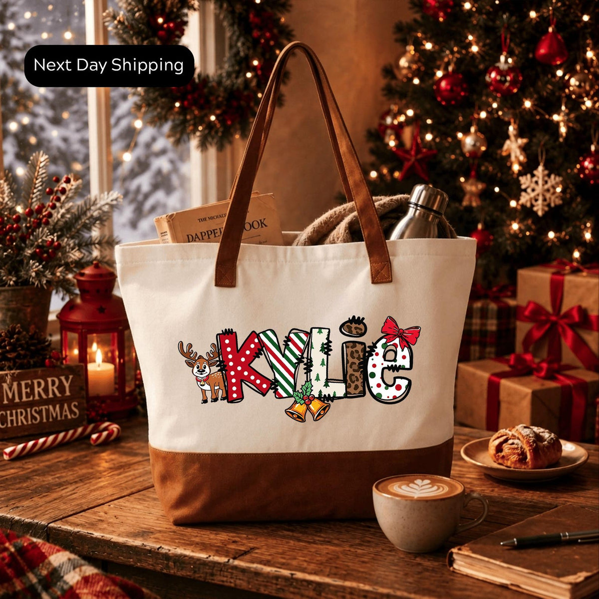 Personalized Christmas Name Tote Bag, Custom Holiday Tote with Name, Festive Christmas Gift Bag