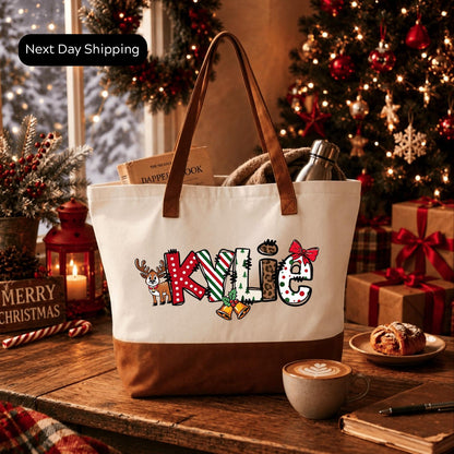 Personalized Christmas Name Tote Bag, Custom Holiday Tote with Name, Festive Christmas Gift Bag