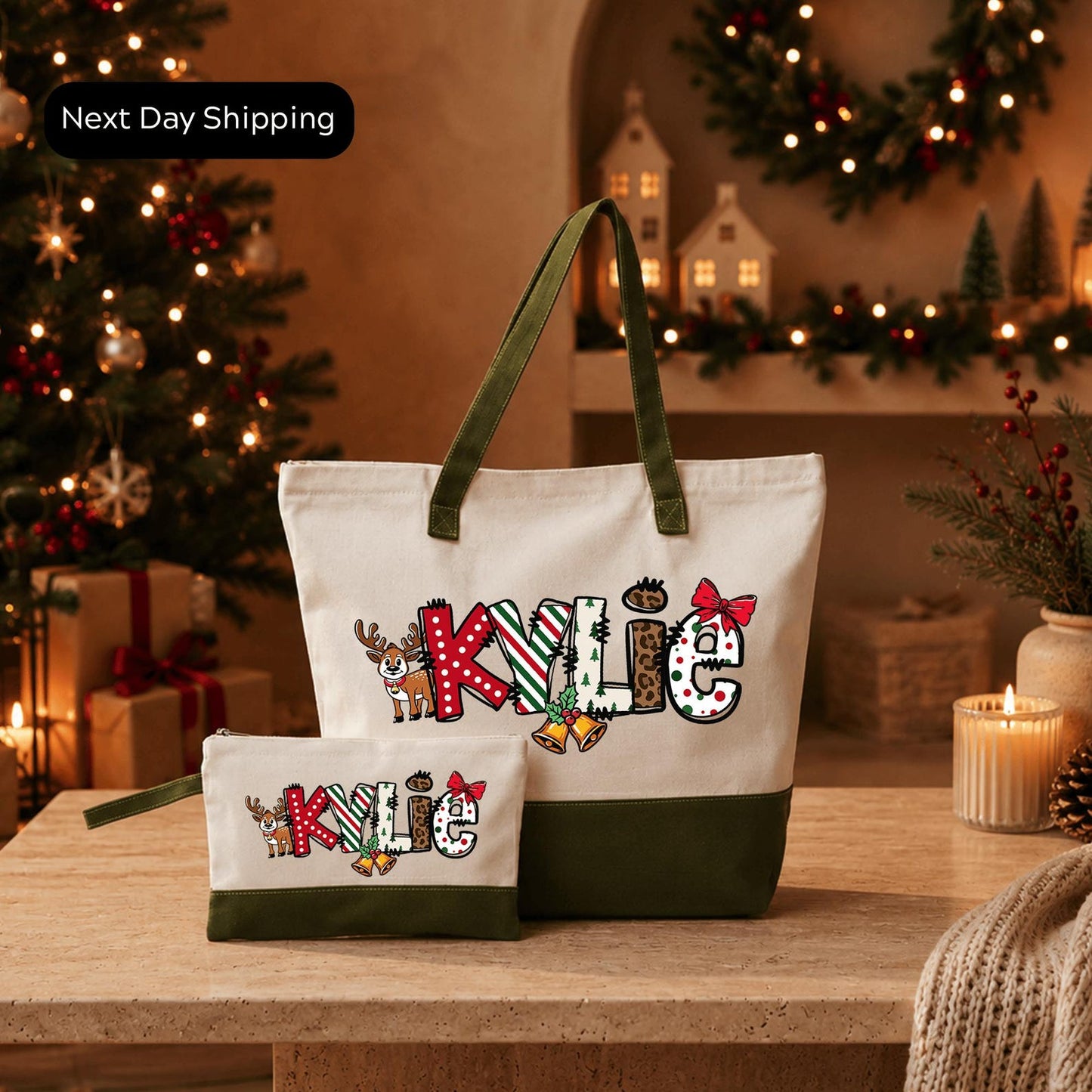 Personalized Christmas Name Tote Bag, Custom Holiday Tote with Name, Festive Christmas Gift Bag