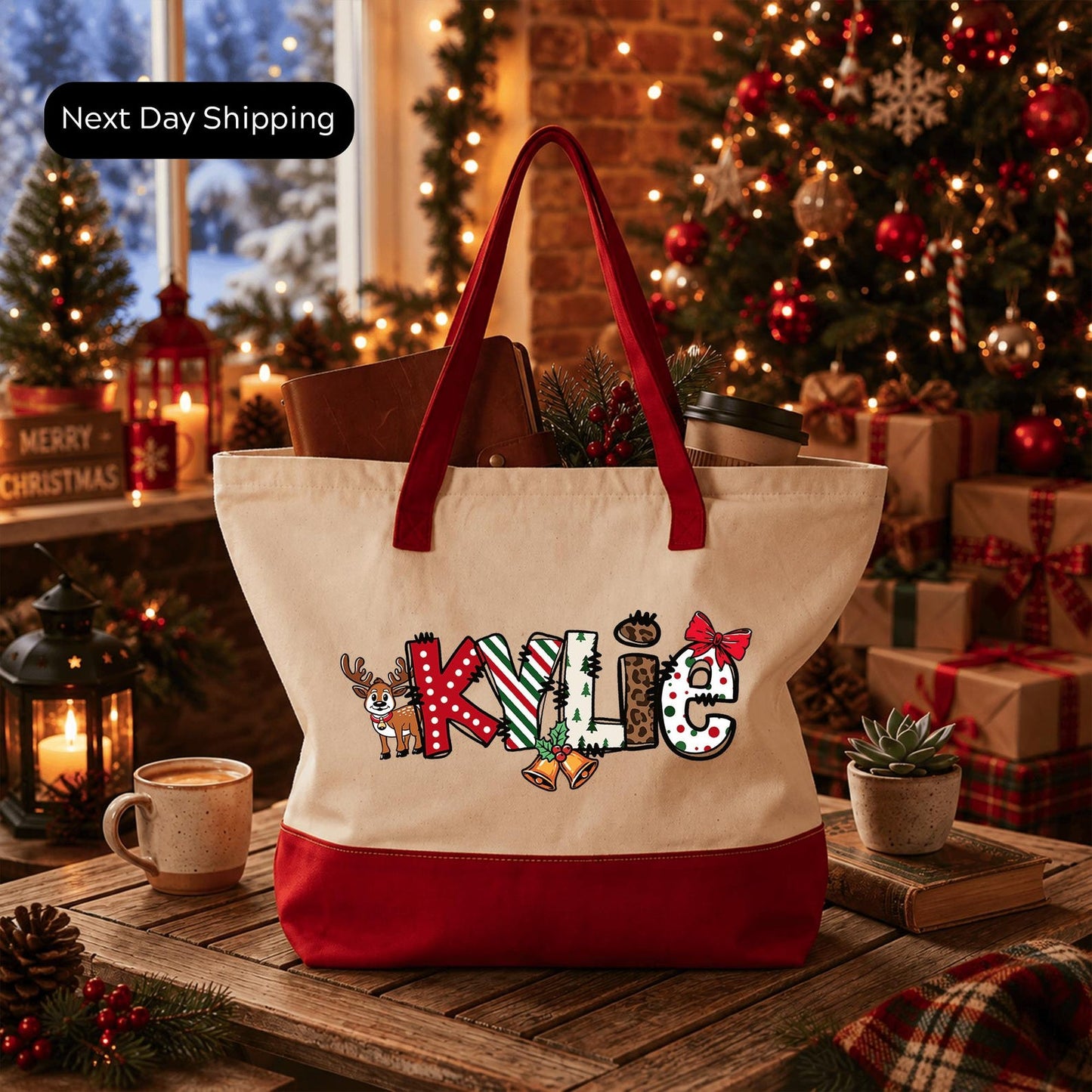 Personalized Christmas Name Tote Bag, Custom Holiday Tote with Name, Festive Christmas Gift Bag