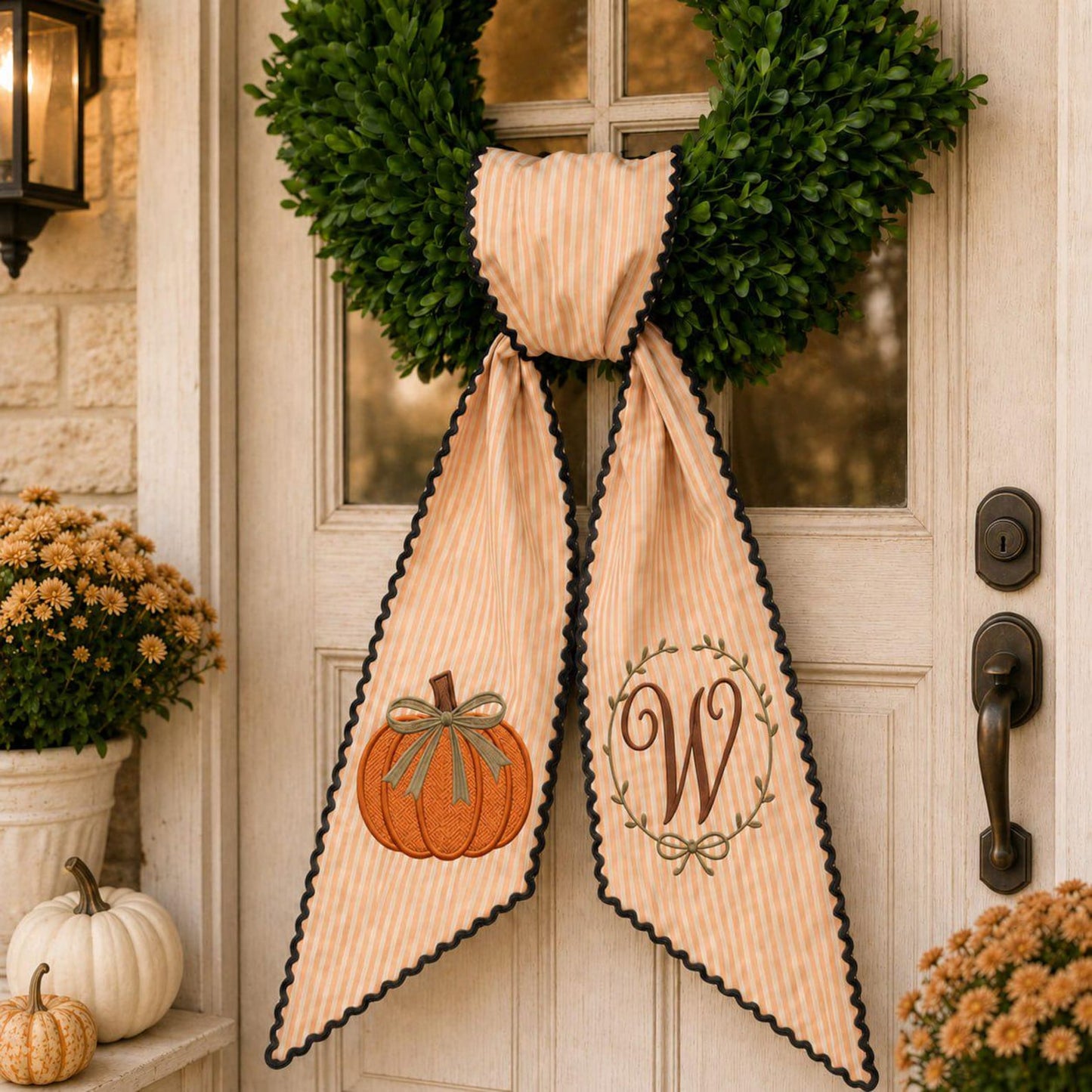 Personalized Pumpkin Initial Door Sash, Custom Fall Wreath Bow Wreath Sash