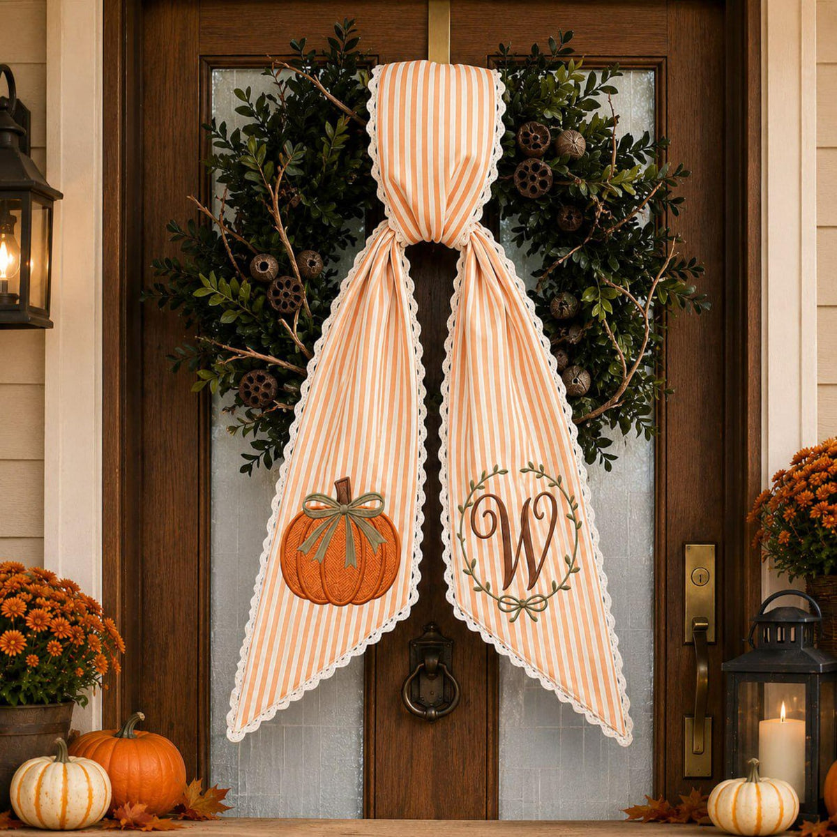 Personalized Pumpkin Initial Door Sash, Custom Fall Wreath Bow Wreath Sash
