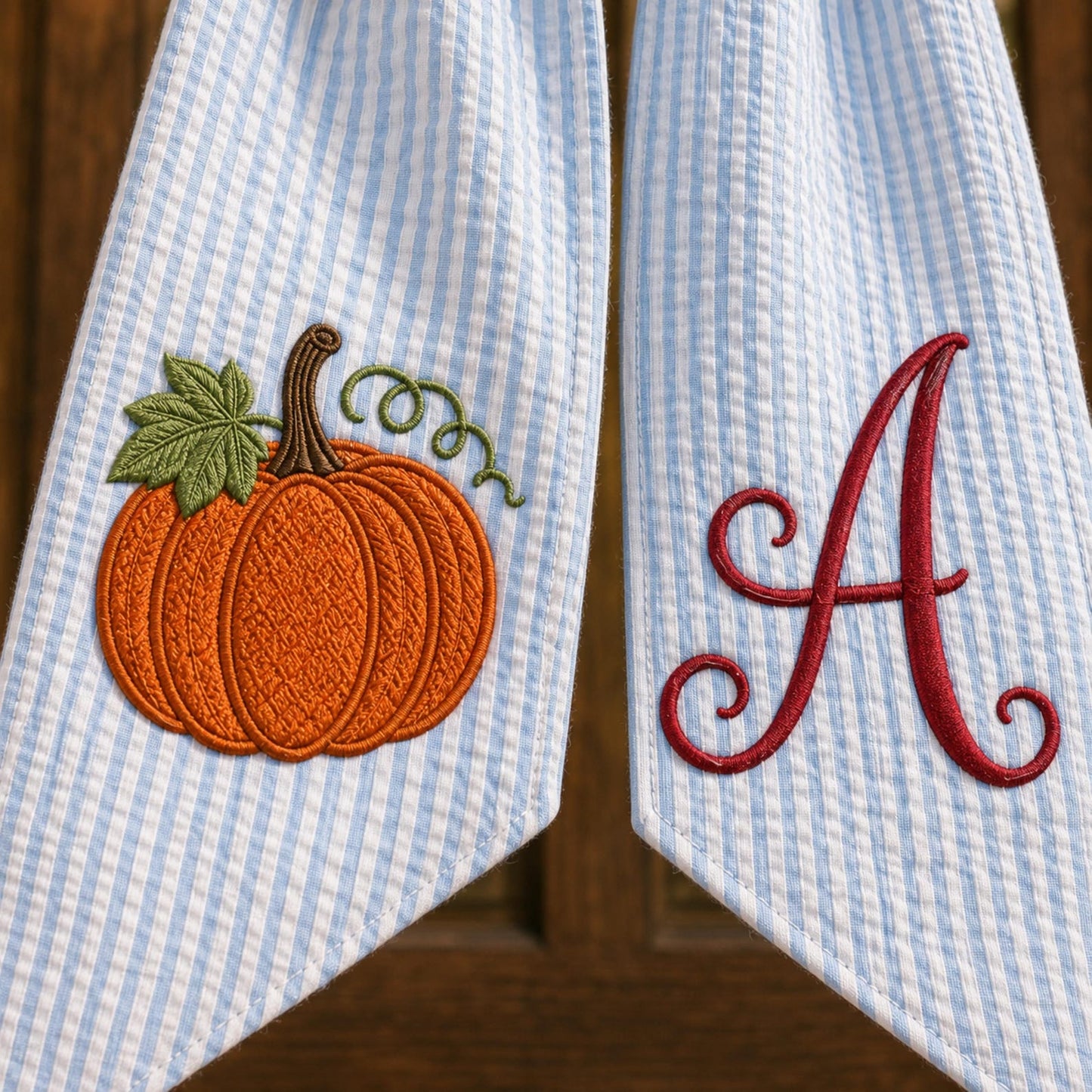 Thanksgiving Wreath Sash, Personalized Pumpkin Monogram Door Sash, Seersucker