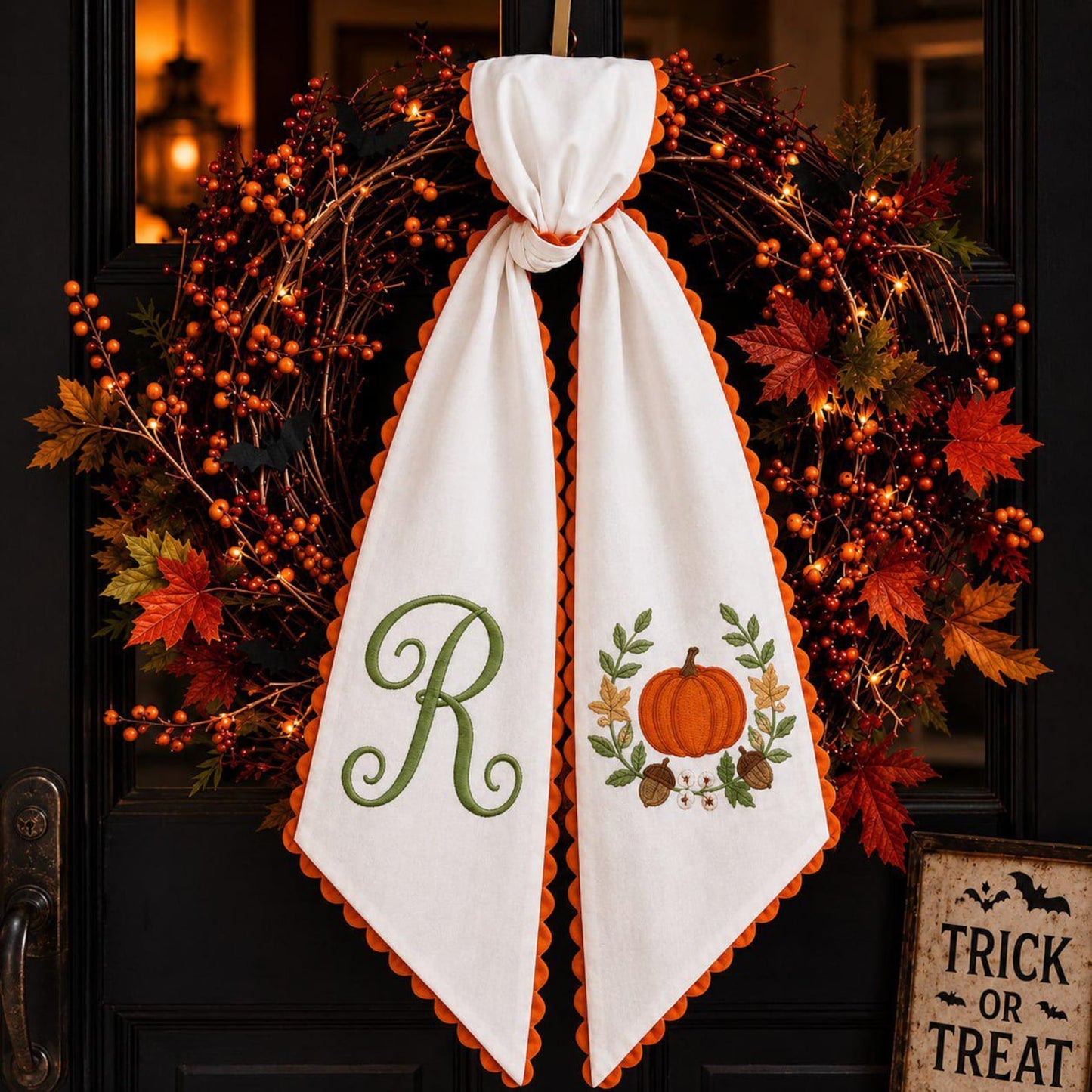 Personalized Fall Door Sash, Custom Pumpkin Wreath Bow Wreath Sash