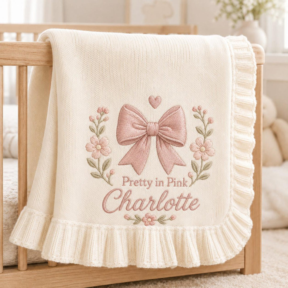 Personalized Baby Blanket with Name, Embroidered Pink Bow & Flowers