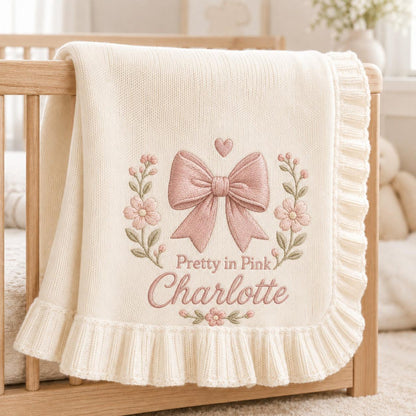 Personalized Baby Blanket with Name, Embroidered Pink Bow & Flowers