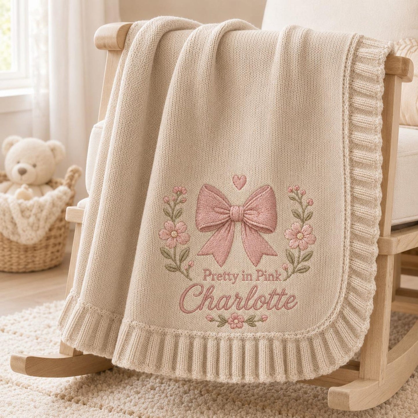Personalized Baby Blanket with Name, Embroidered Pink Bow & Flowers