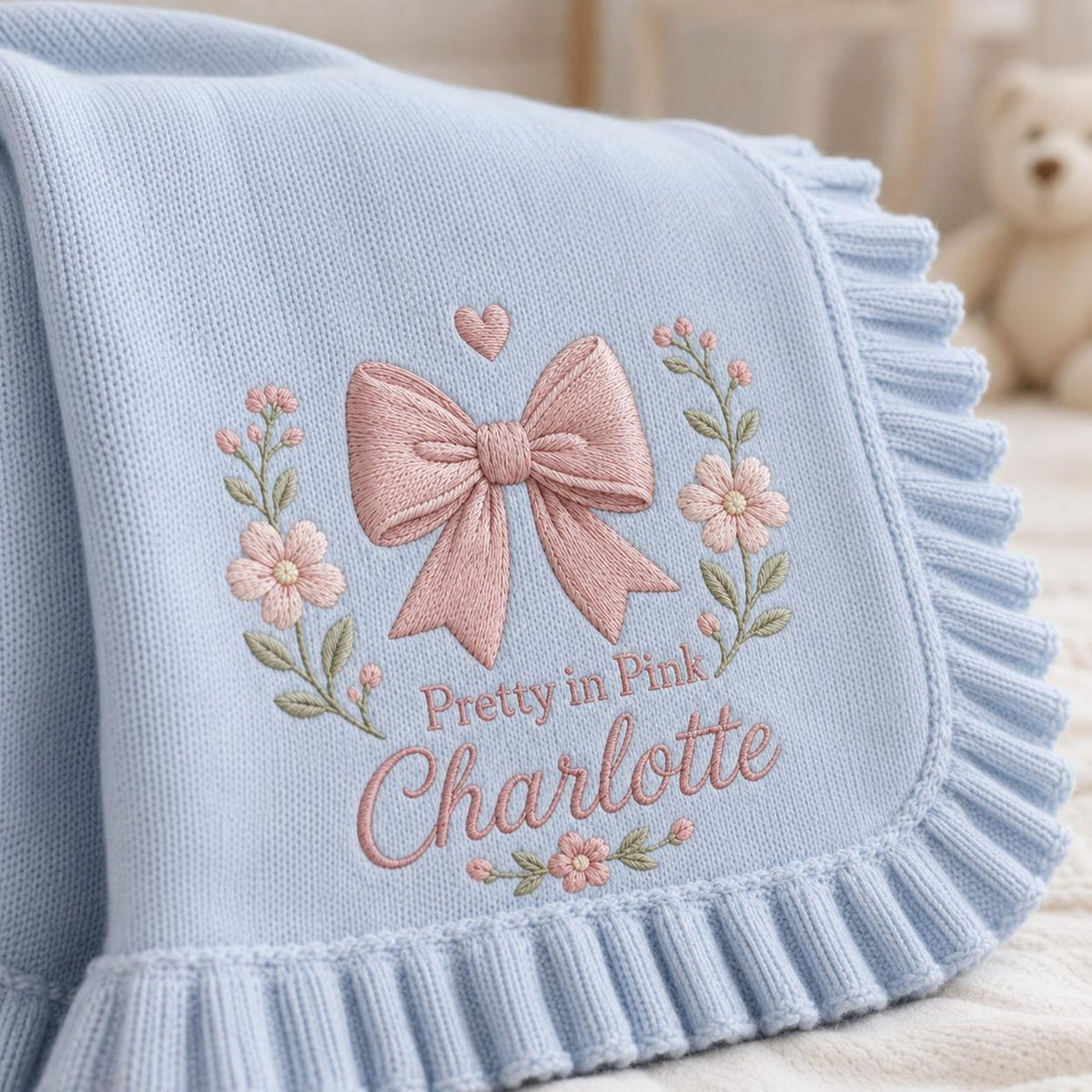Personalized Baby Blanket with Name, Embroidered Pink Bow & Flowers