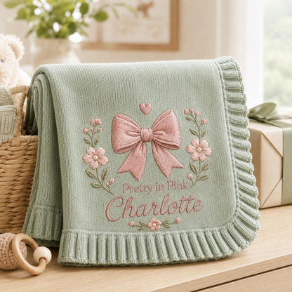 Personalized Baby Blanket with Name, Embroidered Pink Bow & Flowers