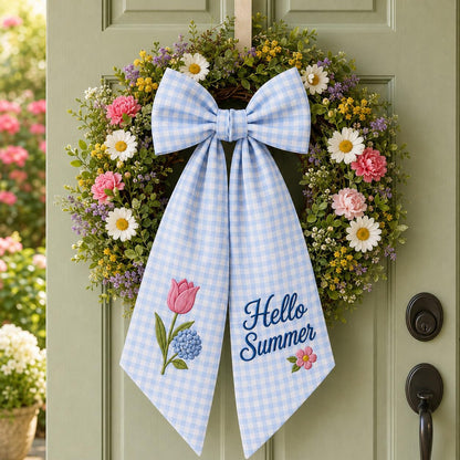 Hello Summer Wreath Sash, Personalized Blue Gingham Door Ribbon