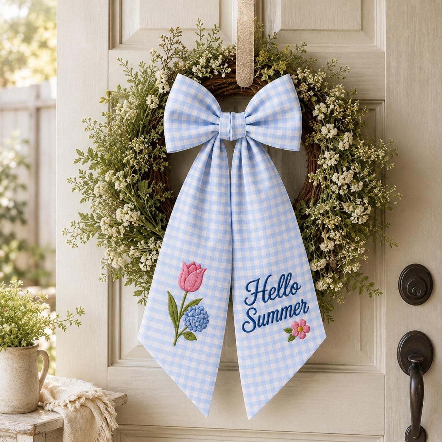 Hello Summer Wreath Sash, Personalized Blue Gingham Door Ribbon
